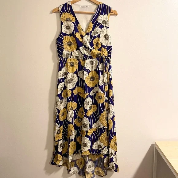 blue and yellow floral midi dress Yellow And Blue Floral Print Strap Detail Gathered Midi Dress – AX Paris main image 1